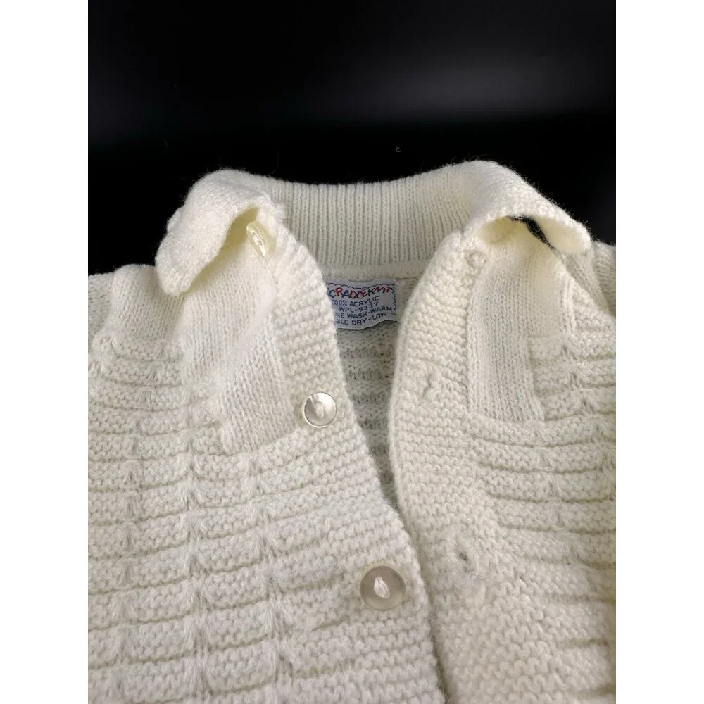 CradleKnit Sweater 6-12 months Unisex White Button‎ Down Acrylic Reborn Doll Vtg